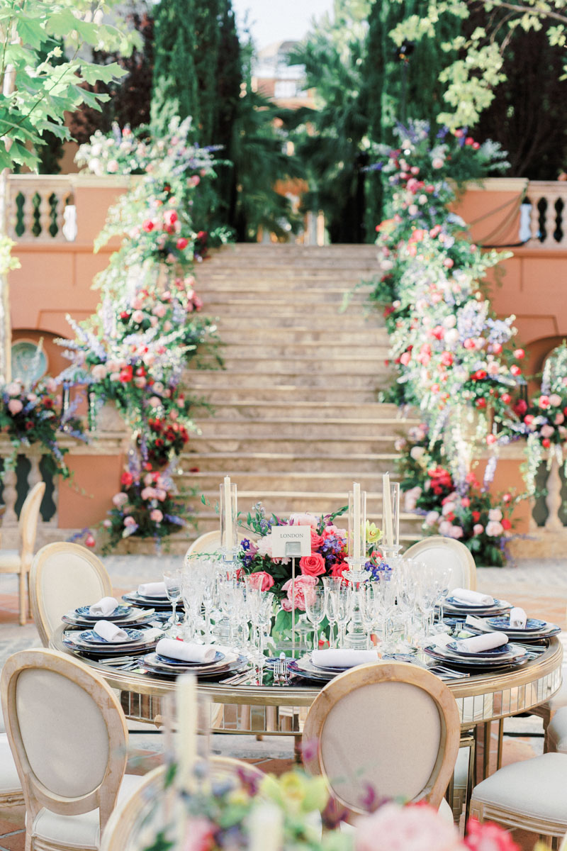Mirror table bright colours wedding flower decoration Anantara Villa Padierna